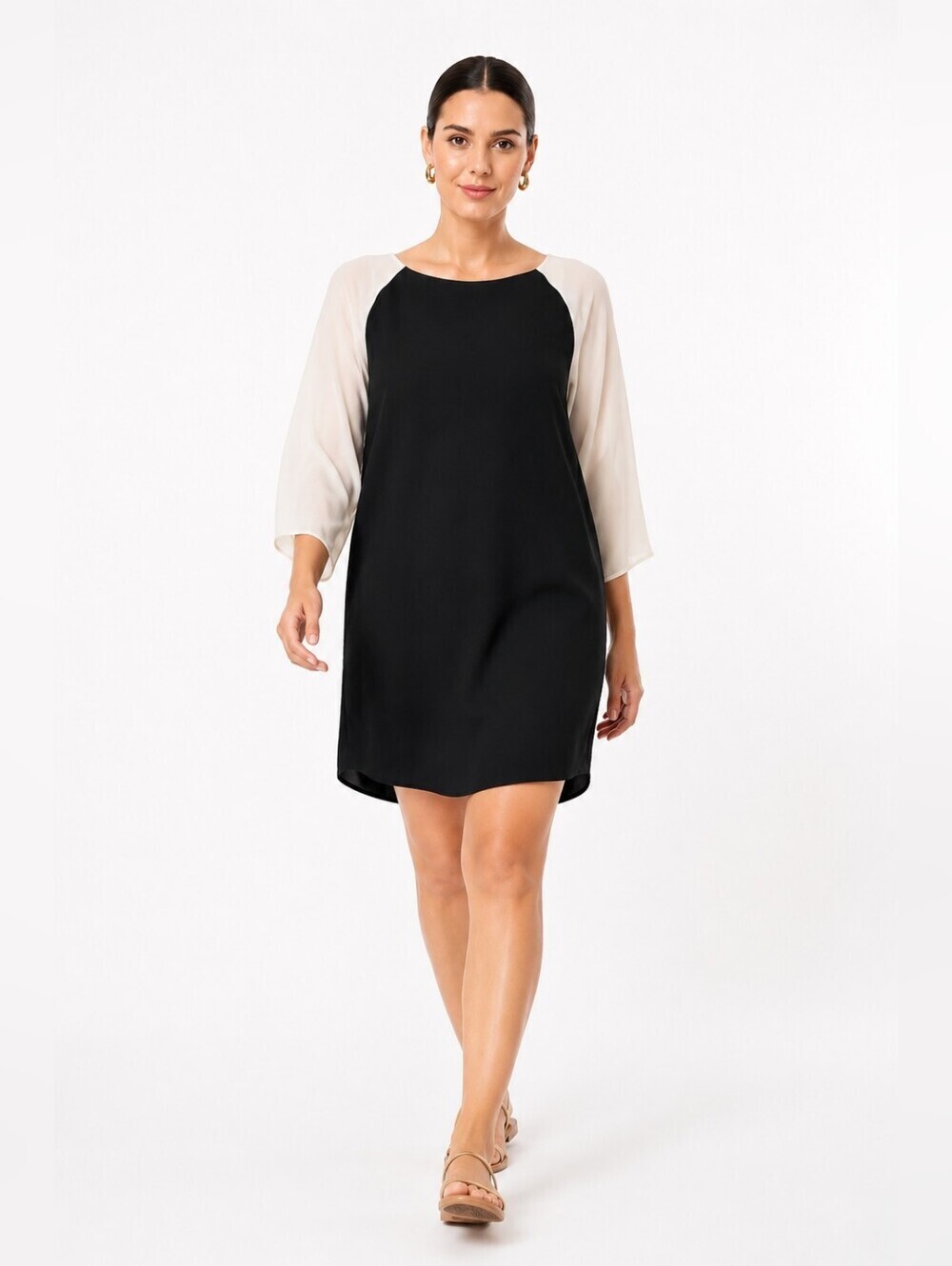 Lush Black Shift Dress with Cream Sleeves  Elegant Minimalist Tunic Dress.Size L